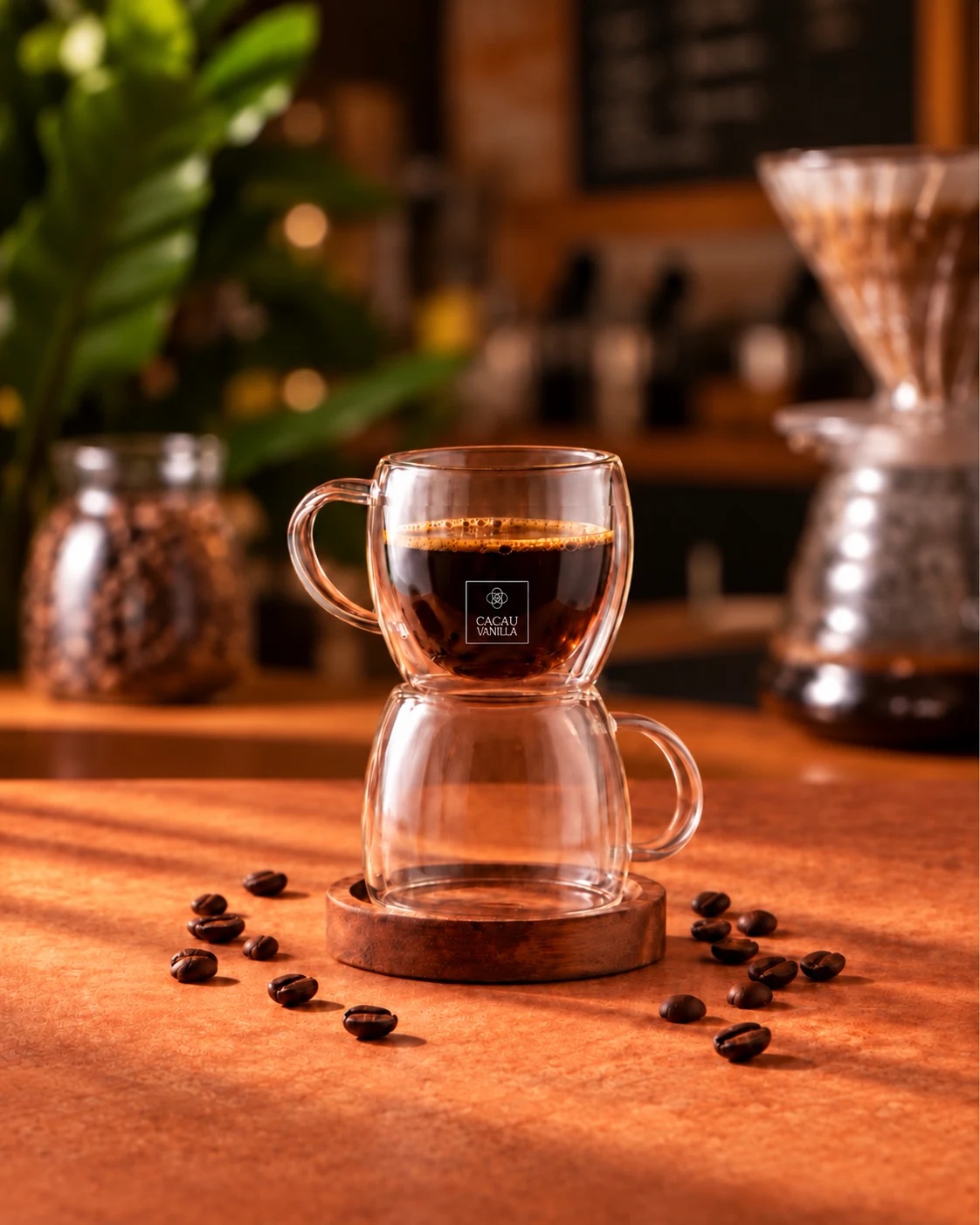Café servido em xícara de vidro com o logotipo Cacau Vanilla, sobre mesa de madeira