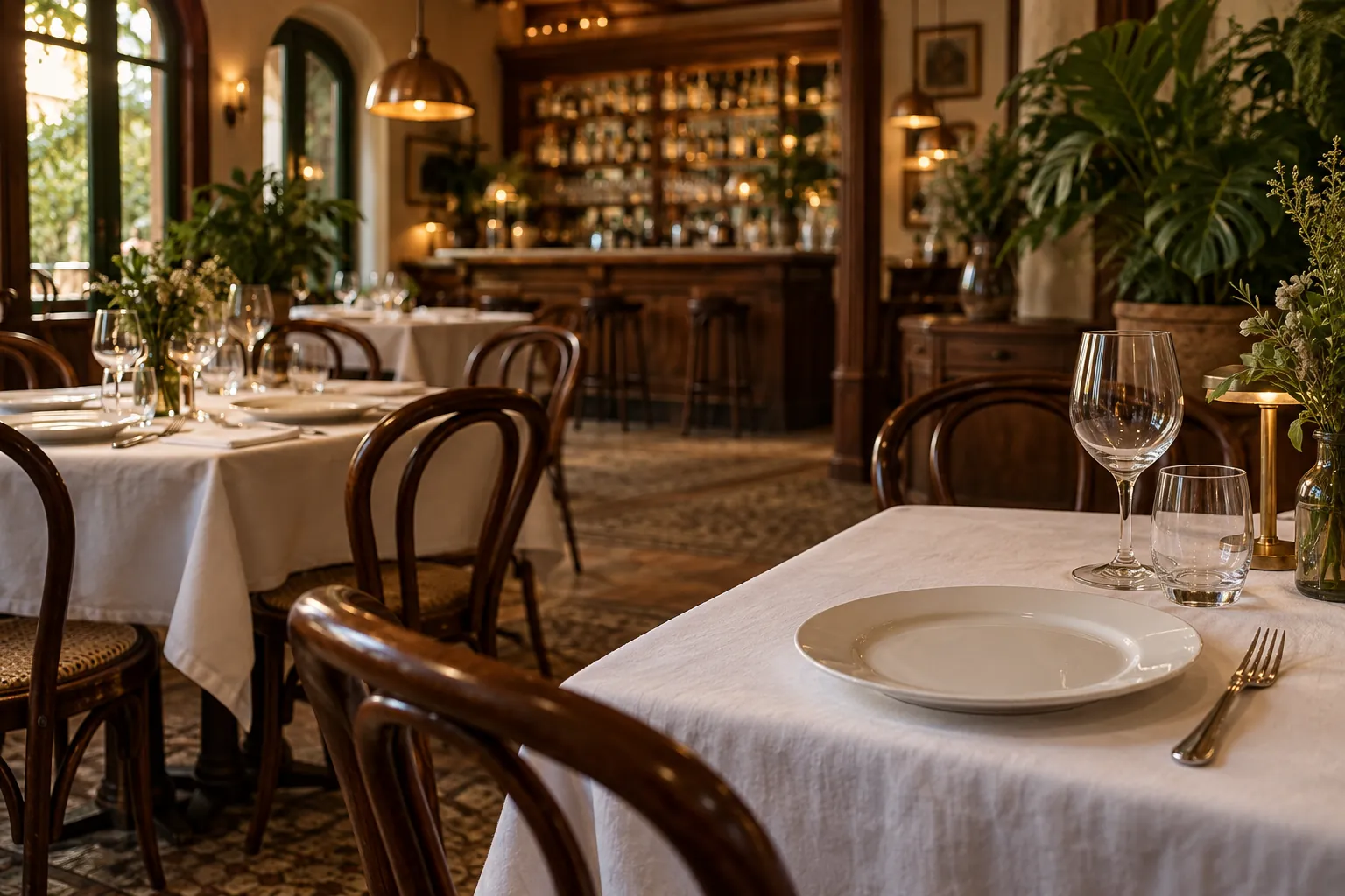 Mesa posta de restaurante com um prato de sobremesa vazio à espera do serviço